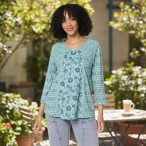 LOGO by Lori Goldstein Lavish Blue Floral Lace Trim Top Boho Blouse Medium